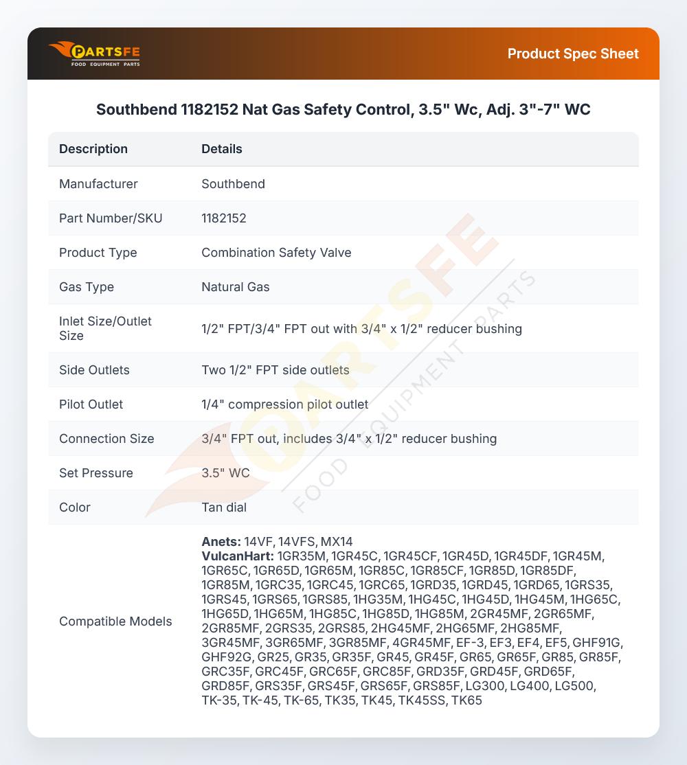 Southbend 1182152 Fryer Natural Gas Safety Control 3.5" WC ADJ 3"-7" WC