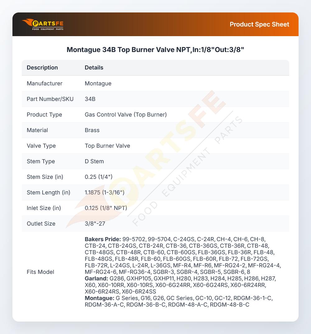 Montague 34B Top Burner Valve NPT 1/8" In 3/8" Out