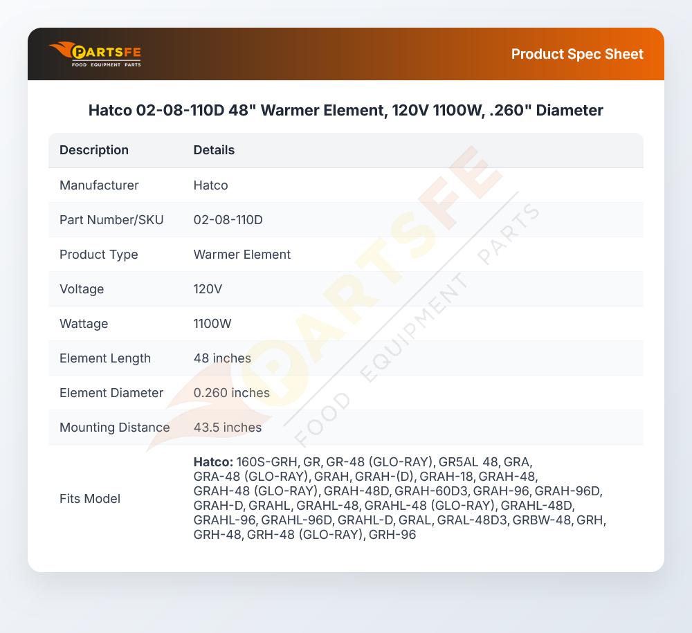 Hatco 02-08-110D 48" Warmer Element, 120V 1100W, .260" Diameter