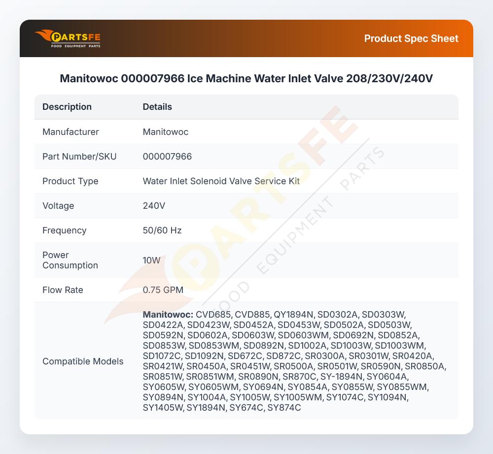 Manitowoc 000007966 Ice Machine Water Inlet Solenoid Valve 208/230V 50/60Hz