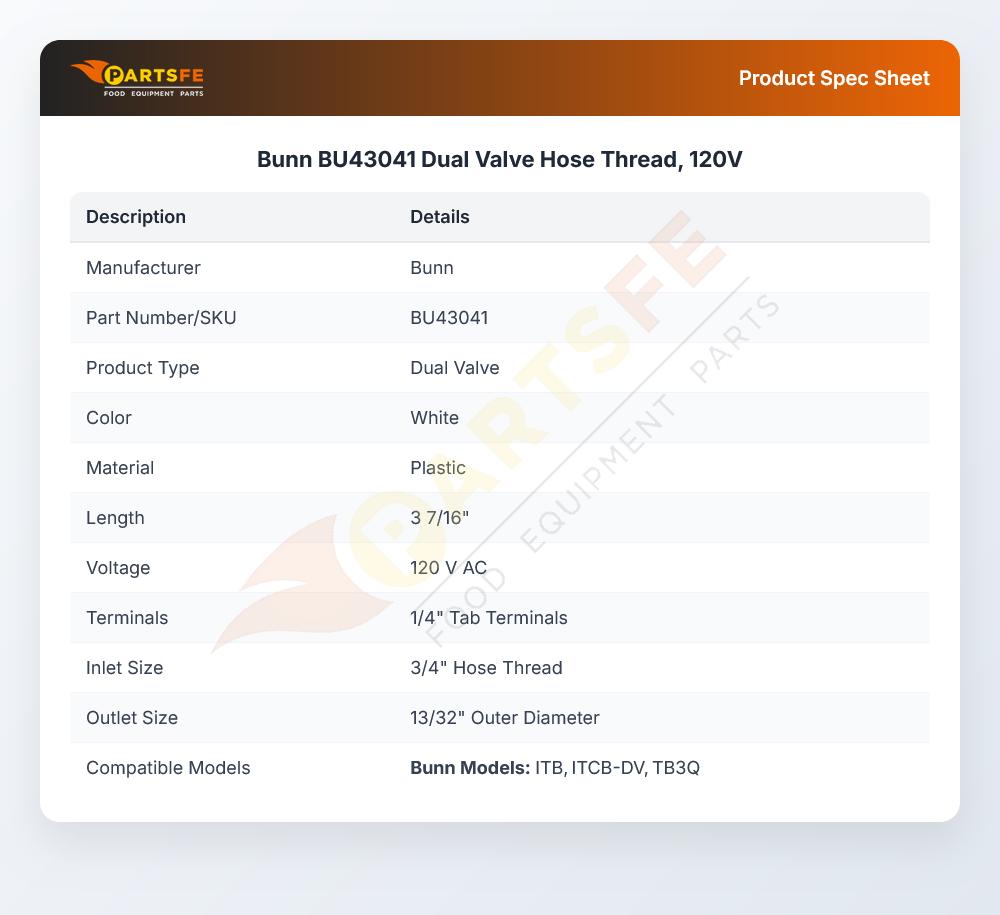 Bunn BU43041 Dual Valve Hose Thread, 120V
