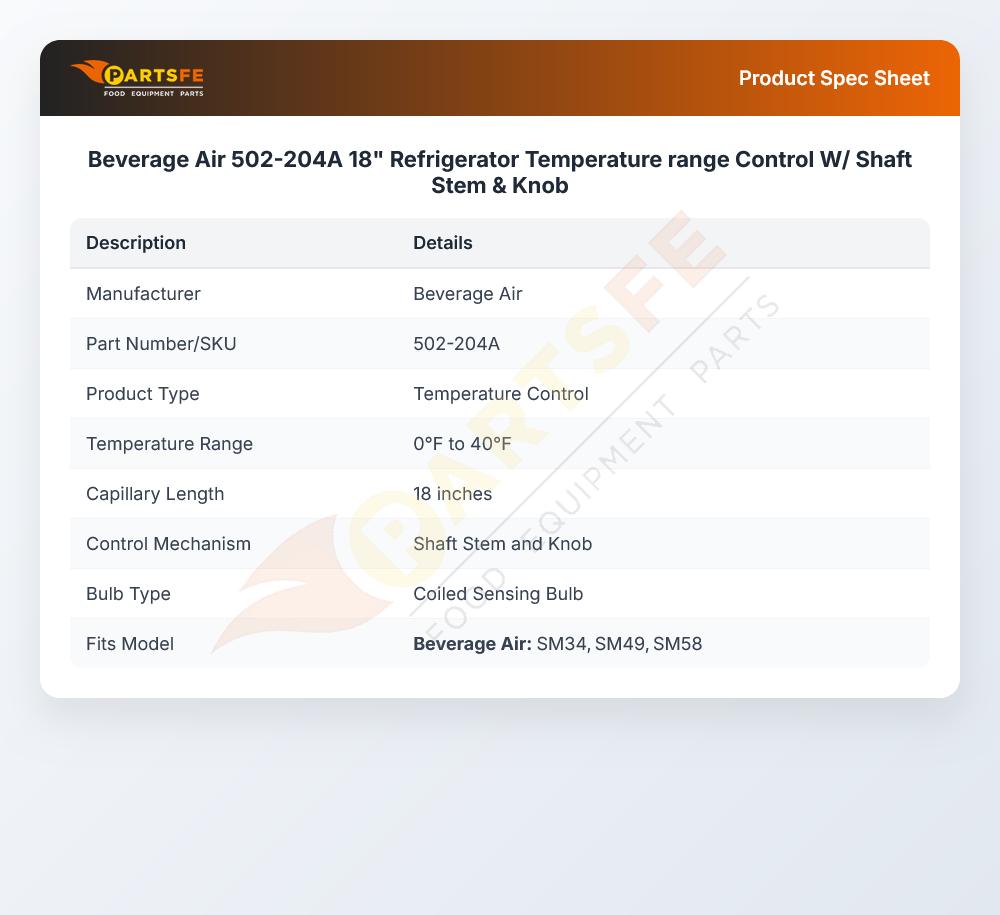 Beverage Air 502-204A 18" Refrigerator Temperature range Control W/ Shaft Stem & Knob