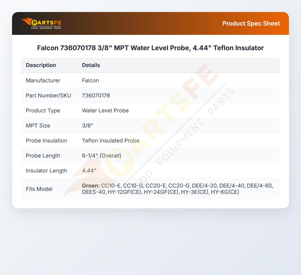 Falcon 736070178 3/8" MPT Water Level Probe, 4.44" Teflon Insulator