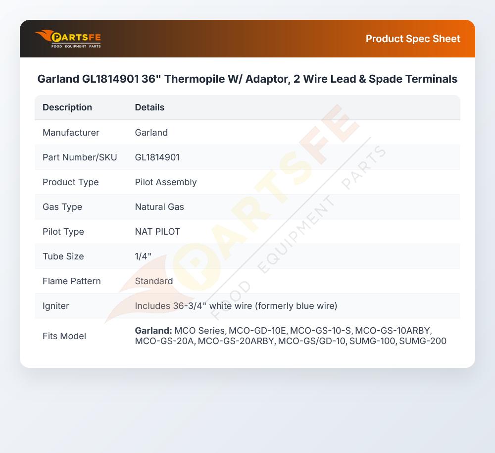 Garland GL1814901 36" Thermopile W/ Adaptor, 2 Wire Lead & Spade Terminals