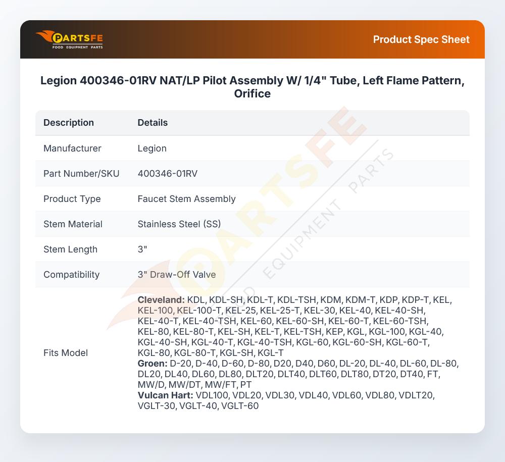 Legion 400346-01RV Steam Kettle Stem Assembly 3" SS