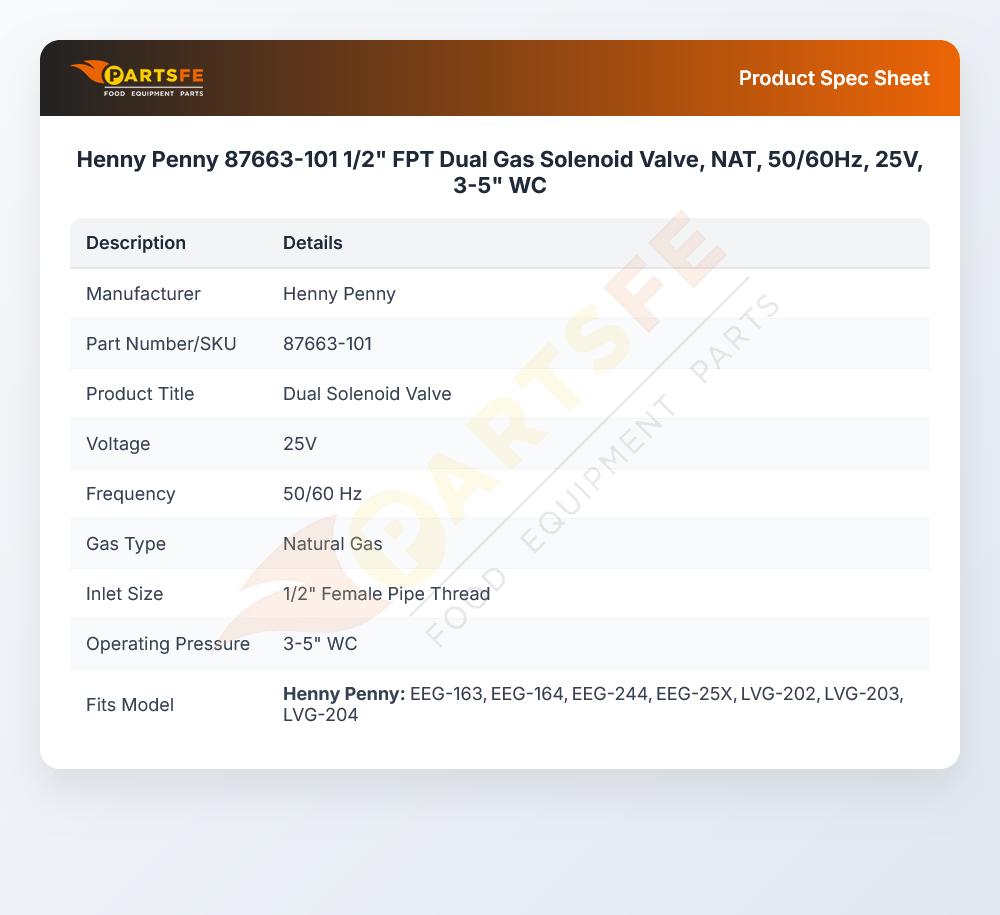 Henny Penny 87663-101 Fryer Dual Gas Solenoid Valve 1/2" FPT NAT 3-5" WC 25V 50/60Hz
