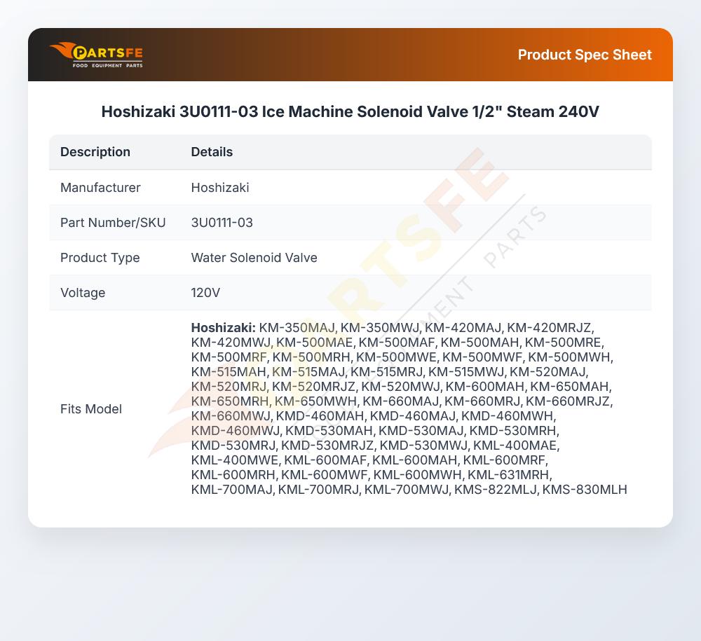 Hoshizaki 3U0111-03 Ice Machine Solenoid Valve 1/2" Steam 240V