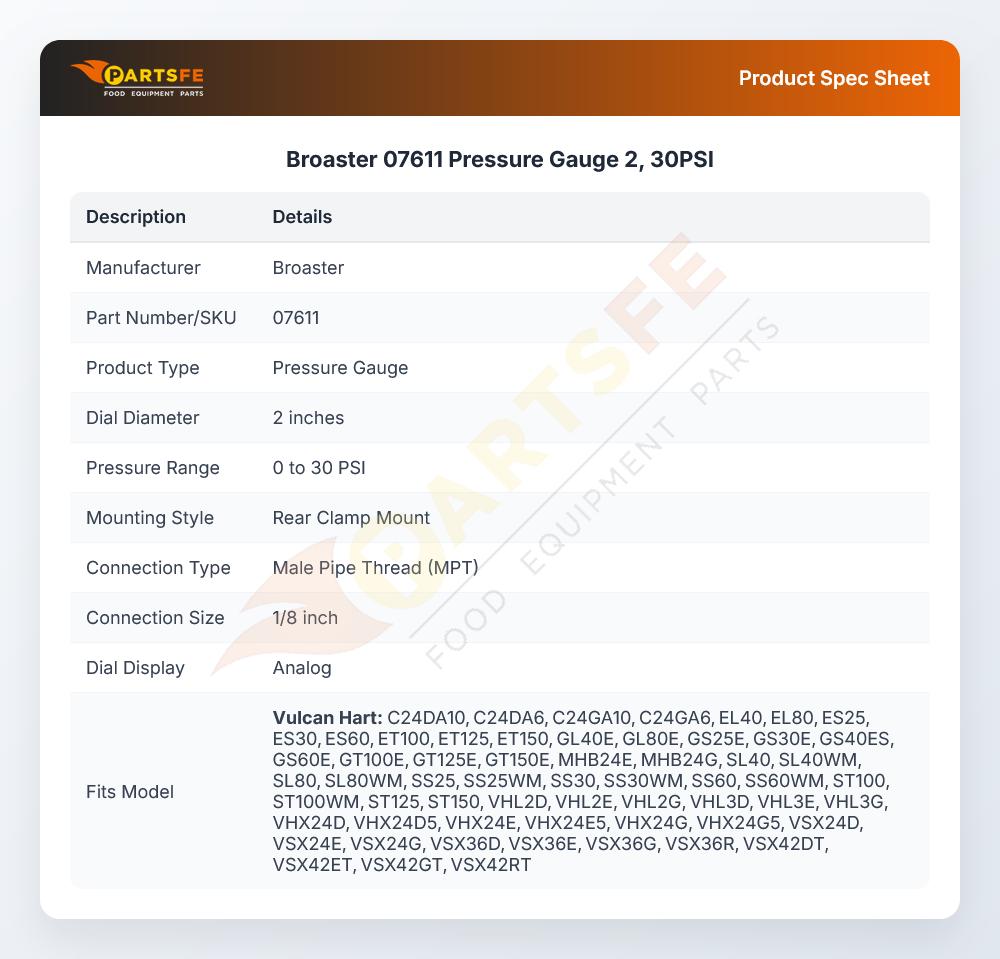 Broaster 07611 Pressure Gauge 2 30 PSI