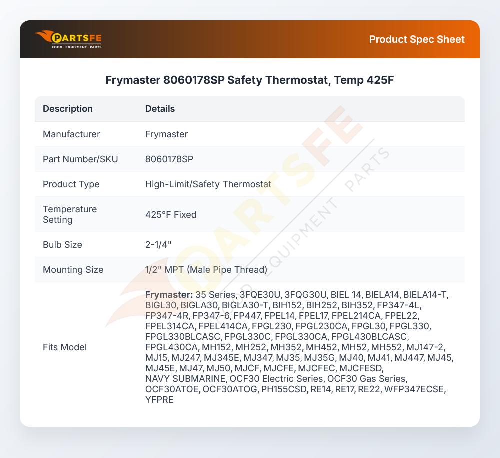 Frymaster 8060178SP Safety Thermostat, Temp 425F