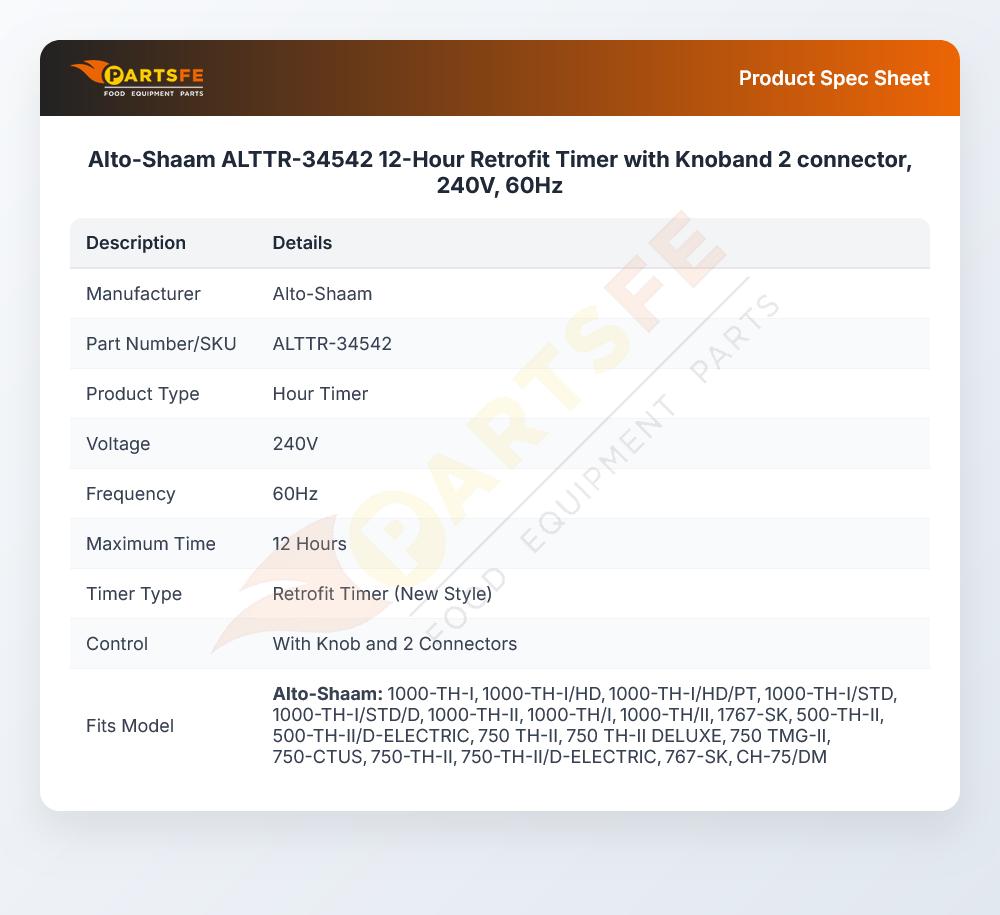 Alto-Shaam ALTTR-34542 Oven Timer Retrofit Kit Knob & 2 Connector 12-Hour 240V 60Hz