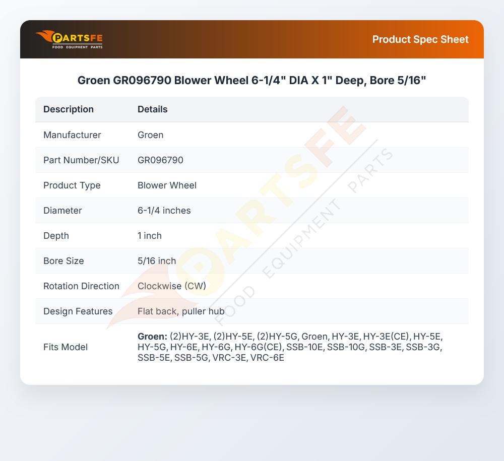 Groen GR096790 Blower Wheel 6-1/4" DIA X 1" Deep, Bore 5/16"
