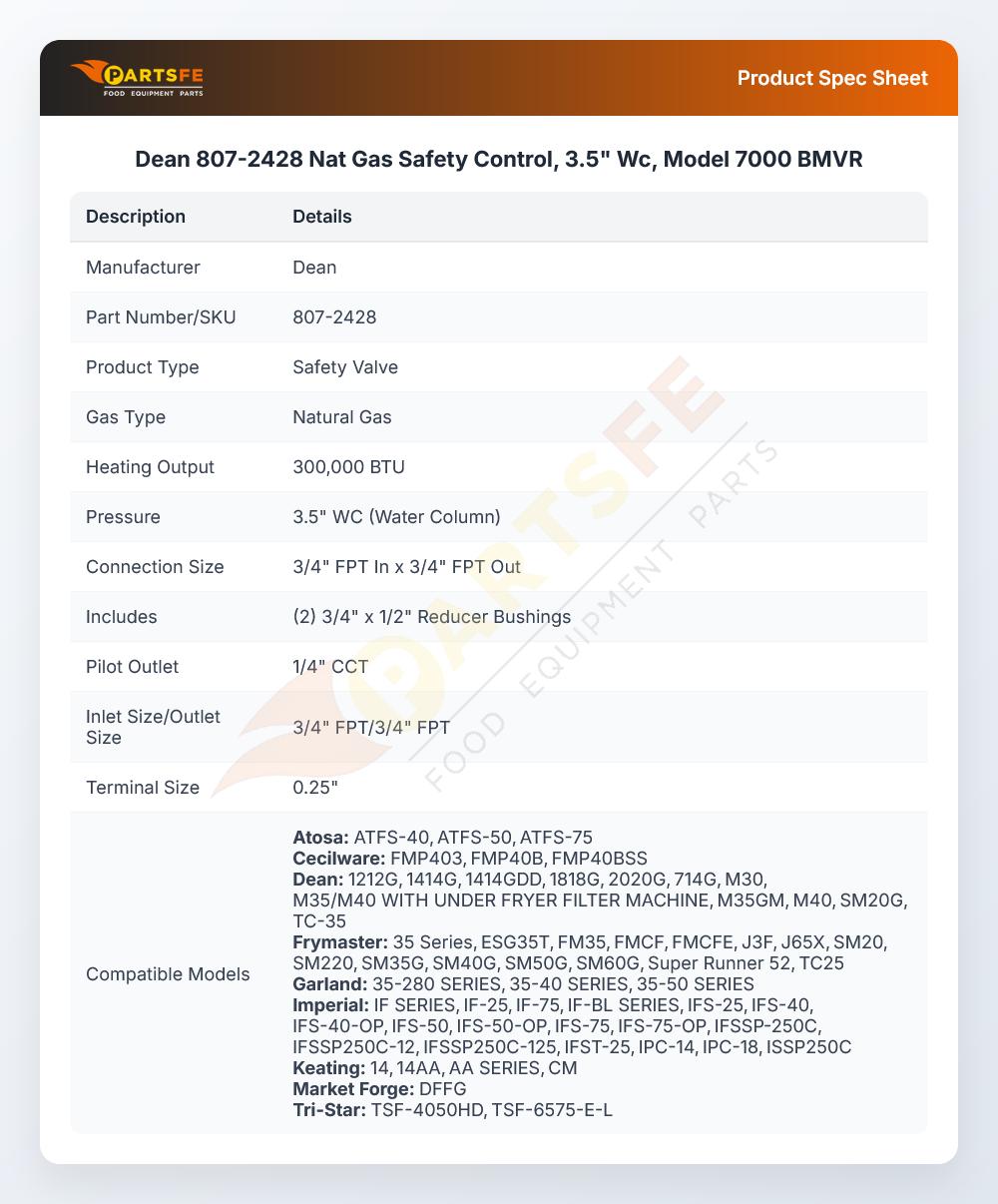 Dean 807-2428 Natural Gas Safety Control Valve 3.5" WC Model 7000BMVR