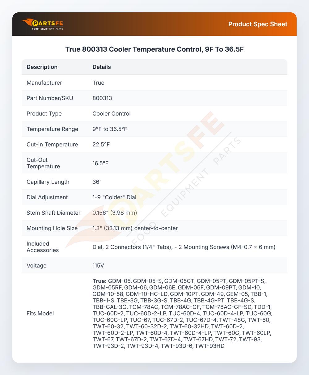 True 800313 Cooler Temperature Control, 9F To 36.5F