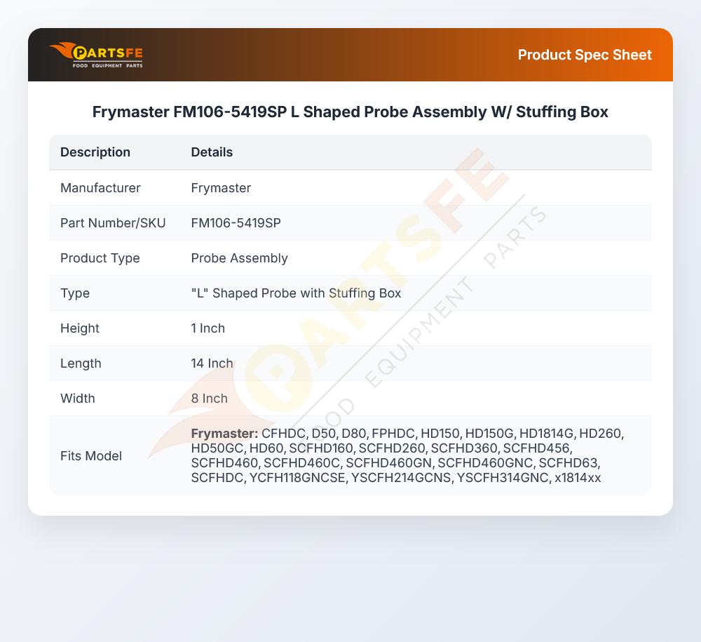 Frymaster FM106-5419SP L Shaped Probe Assembly W/ Stuffing Box