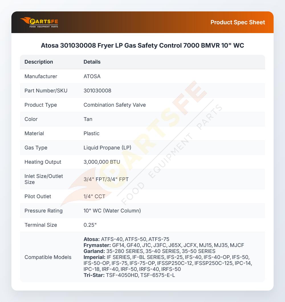 Atosa 301030008 Fryer LP Gas Safety Control 7000 BMVR 10" WC