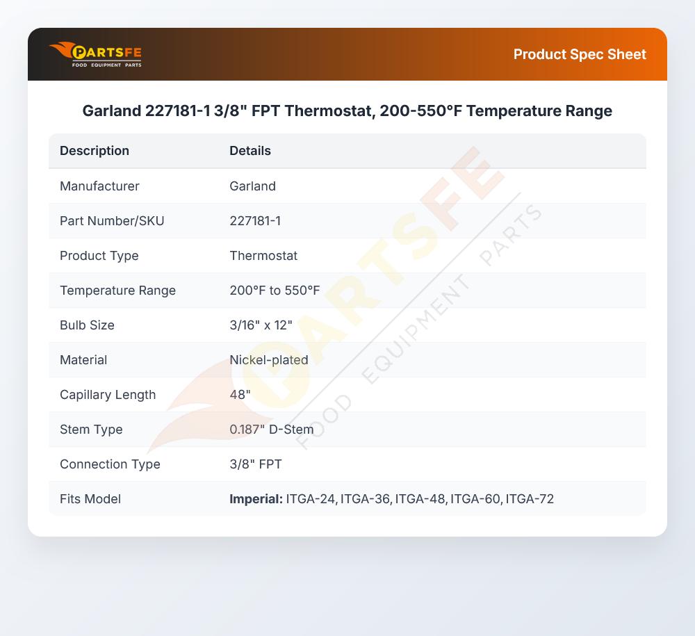 Garland 227181-1 Oven Thermostat 3/8" FPT 200-550&deg;F