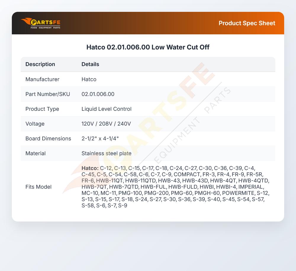 Hatco 02.01.006.00 Low Water Cut Off
