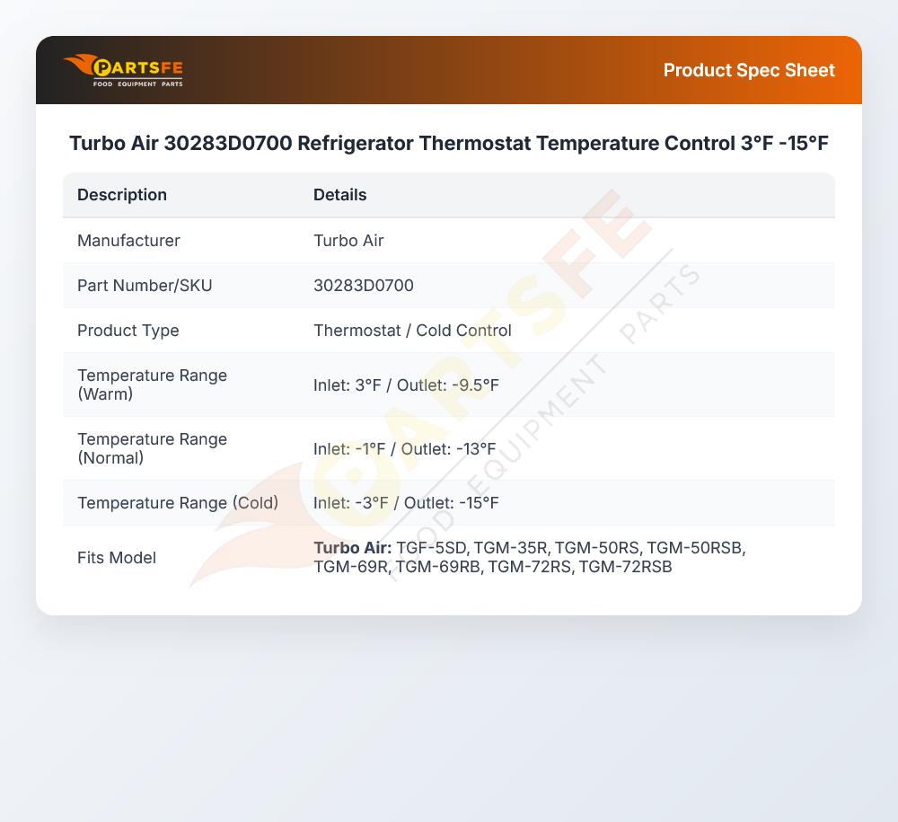 Turbo Air 30283D0700 Refrigerator Thermostat Temperature Control 3&deg;F -15&deg;F