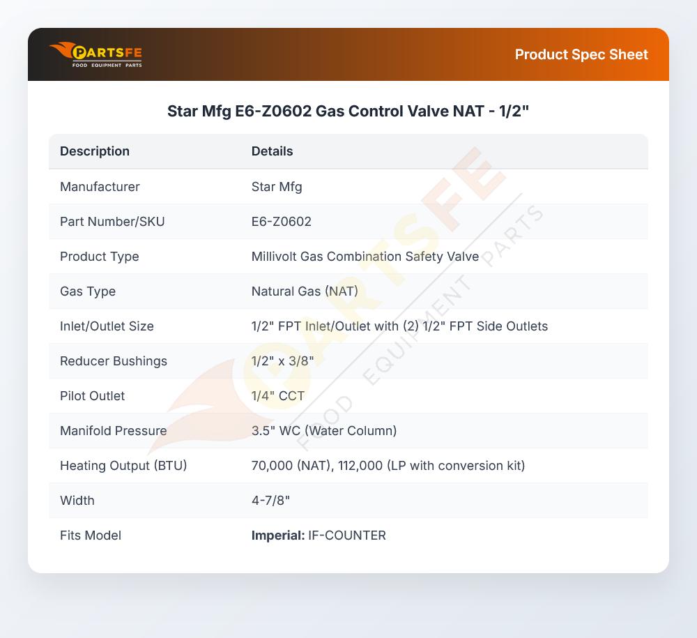 Star Mfg E6-Z0602 Gas Control Valve NAT 1/2"