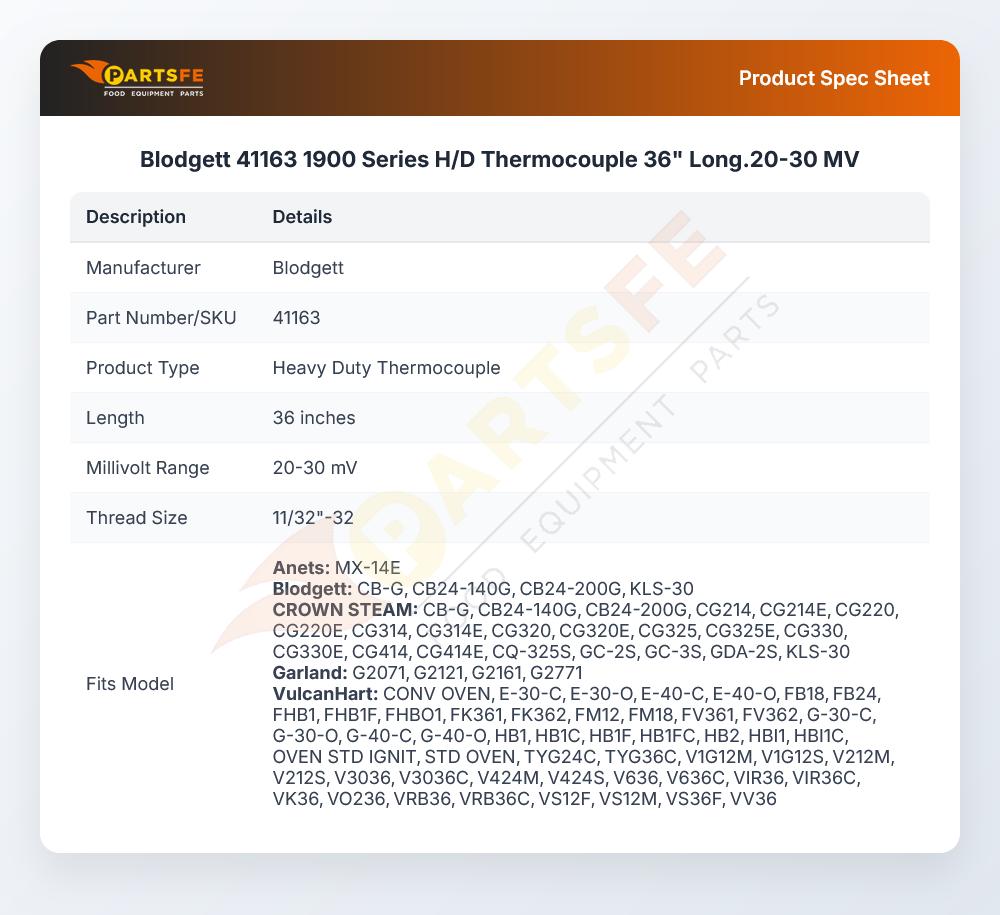 Blodgett 41163 Gas Broiler Thermocouple 36" Long 20-30mV