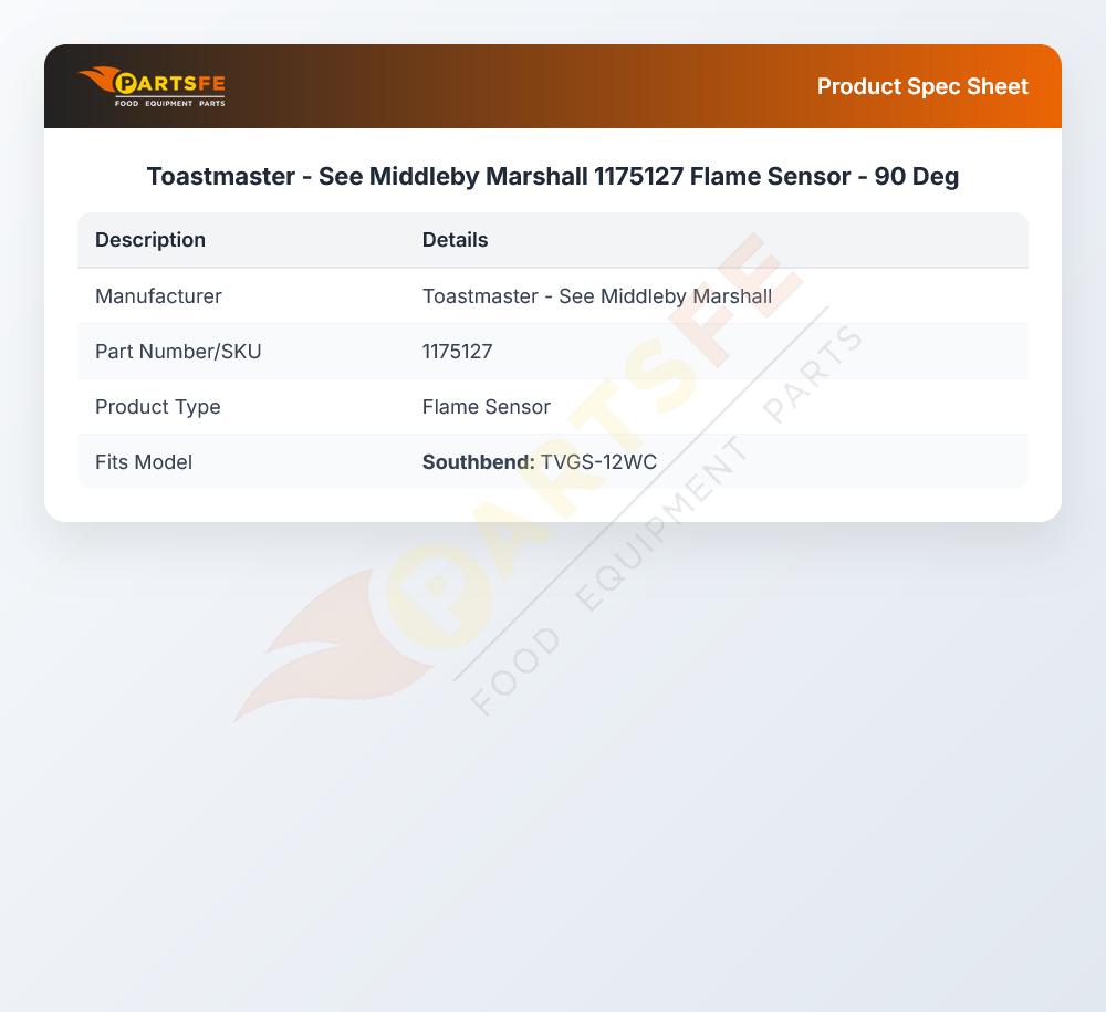 Toastmaster - See Middleby Marshall 1175127 Flame Sensor - 90 Deg