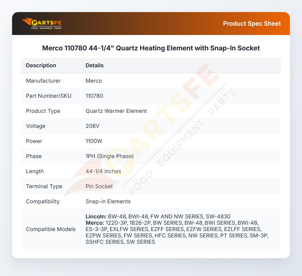 Merco 110780 Quartz Element 44-1/4" 1100W 208V