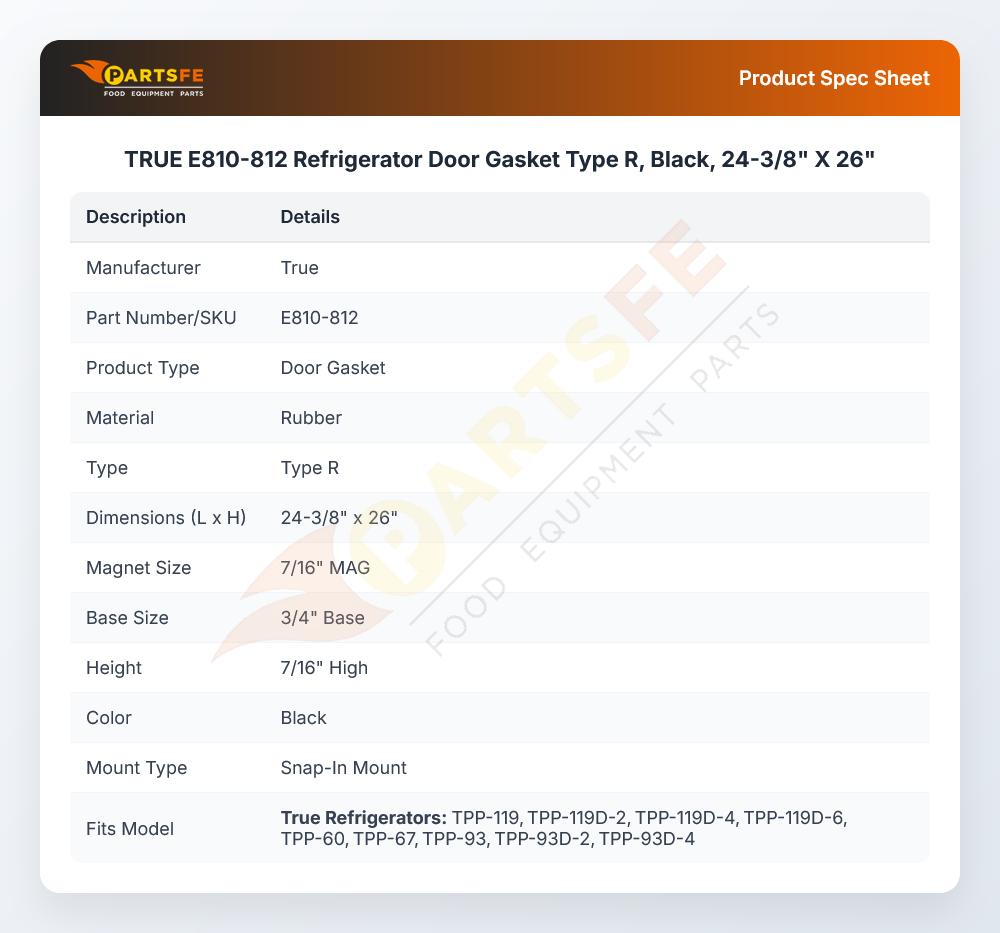 TRUE E810-812 Refrigerator Door Gasket Type R, Black, 24-3/8" X 26"