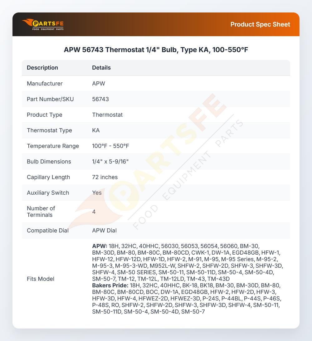 APW 56743 Thermostat  1/4" Bulb, Type KA, 100-550&deg;F
