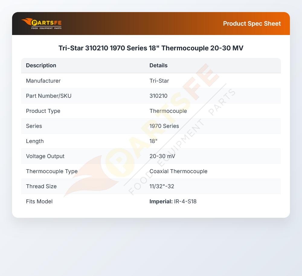 Tri-Star 310210 Oven Thermocouple 18" 1970 Series 20-30 MV