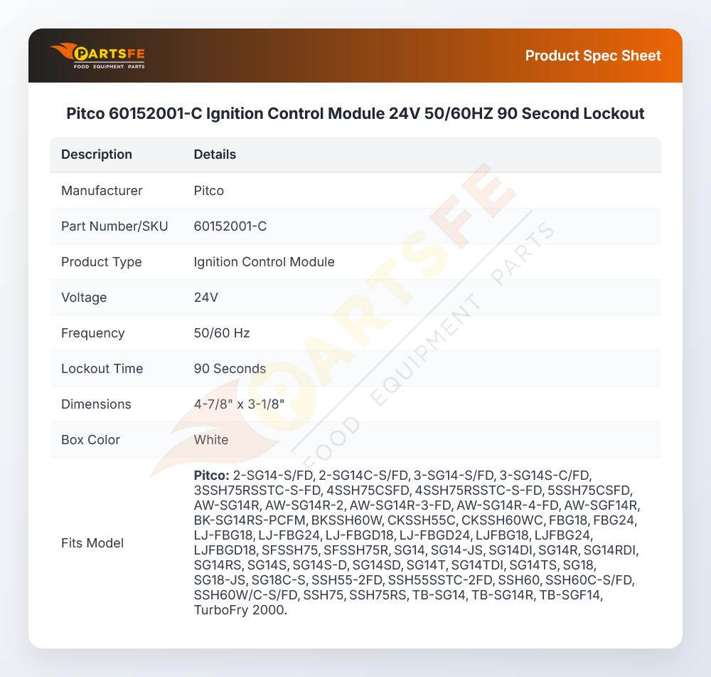 Pitco 60152001-C Ignition Control Module 24V 50/60HZ 90 Second Lockout