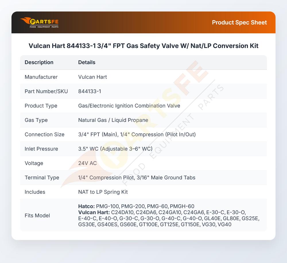 Vulcan Hart 844133-1 3/4" FPT Gas Safety Valve W/ Nat/LP Conversion Kit