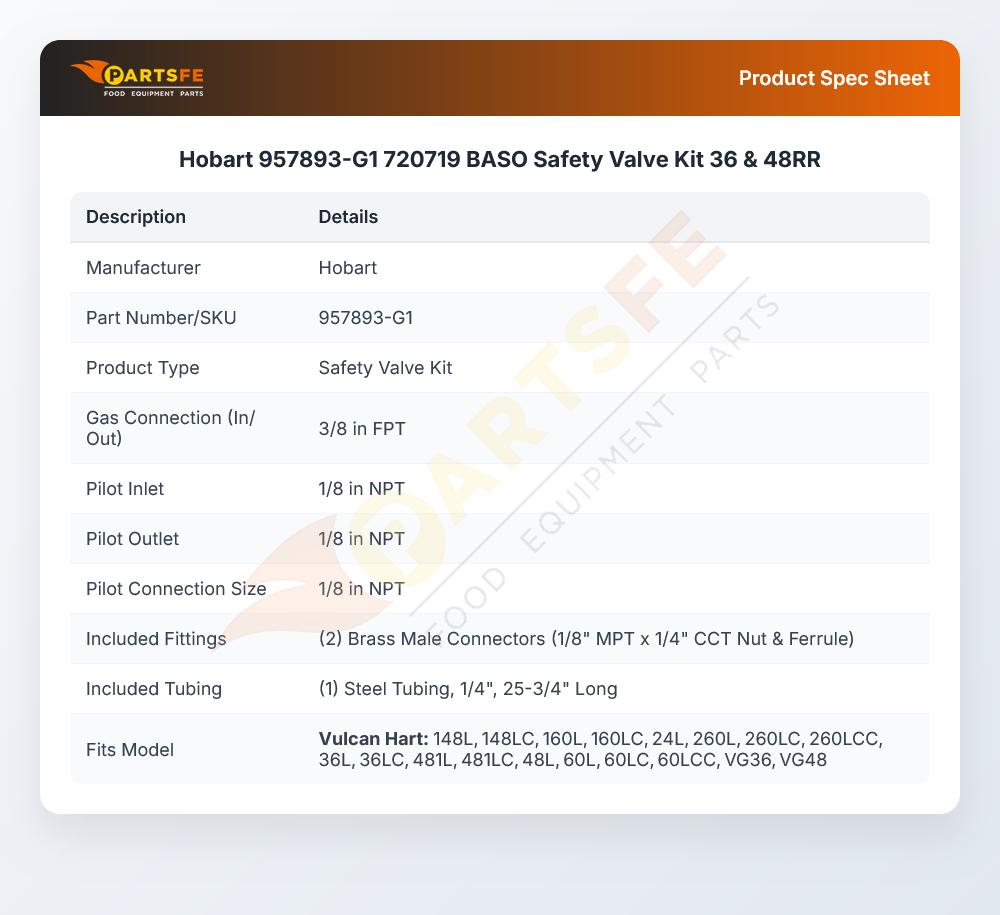 Hobart 957893-G1 720719 Safety Valve Kit 36 & 48RR BASO