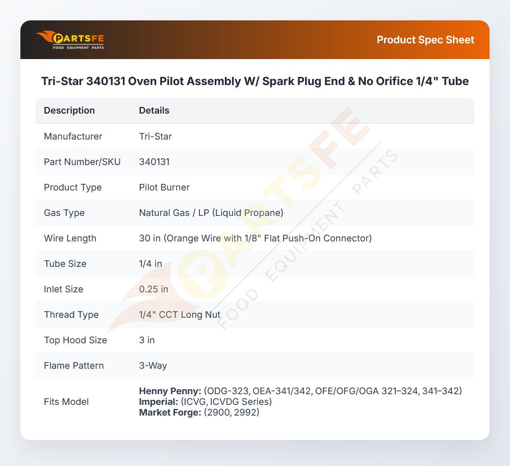 Tri-Star 340131 Oven Pilot Assembly W/ Spark Plug End & No Orifice 1/4" Tube