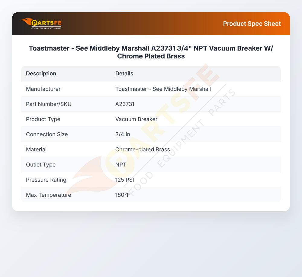 Toastmaster A23731 Vacuum Breaker 3/4" NPT