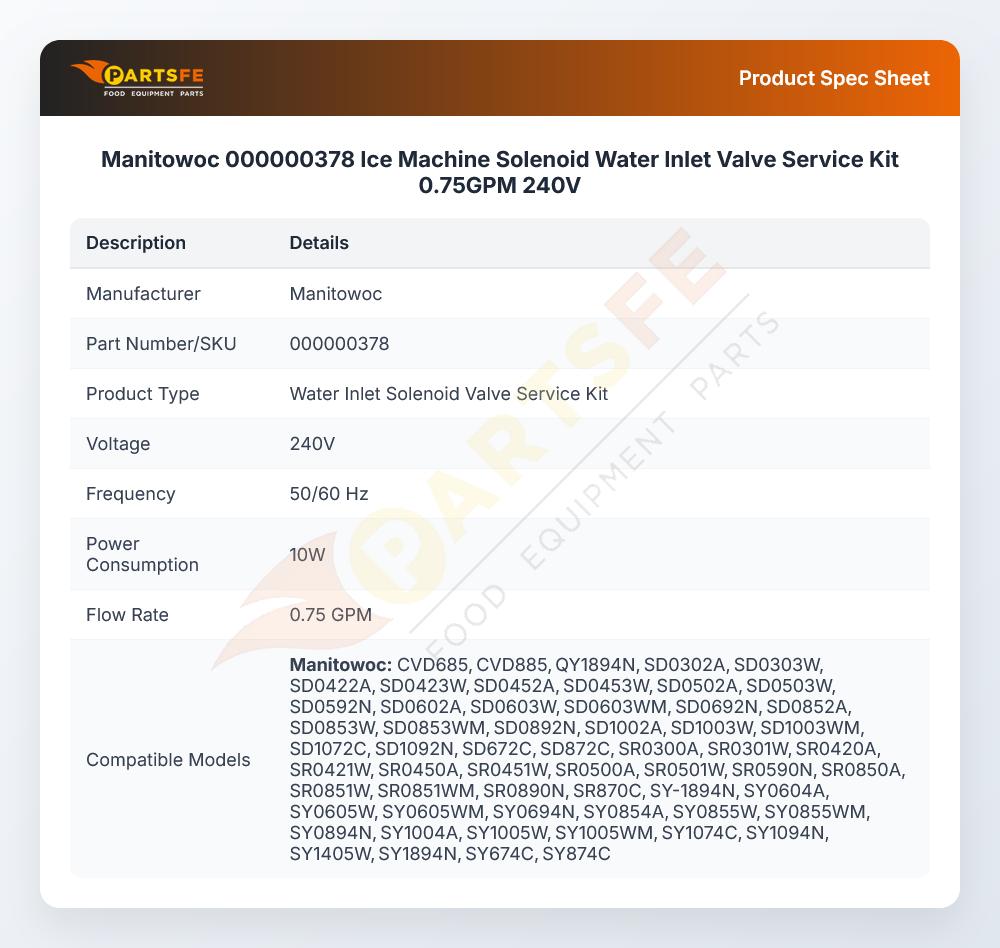 Manitowoc 000000378 Ice Machine Solenoid Water Inlet Valve Service Kit 0.75GPM 240V