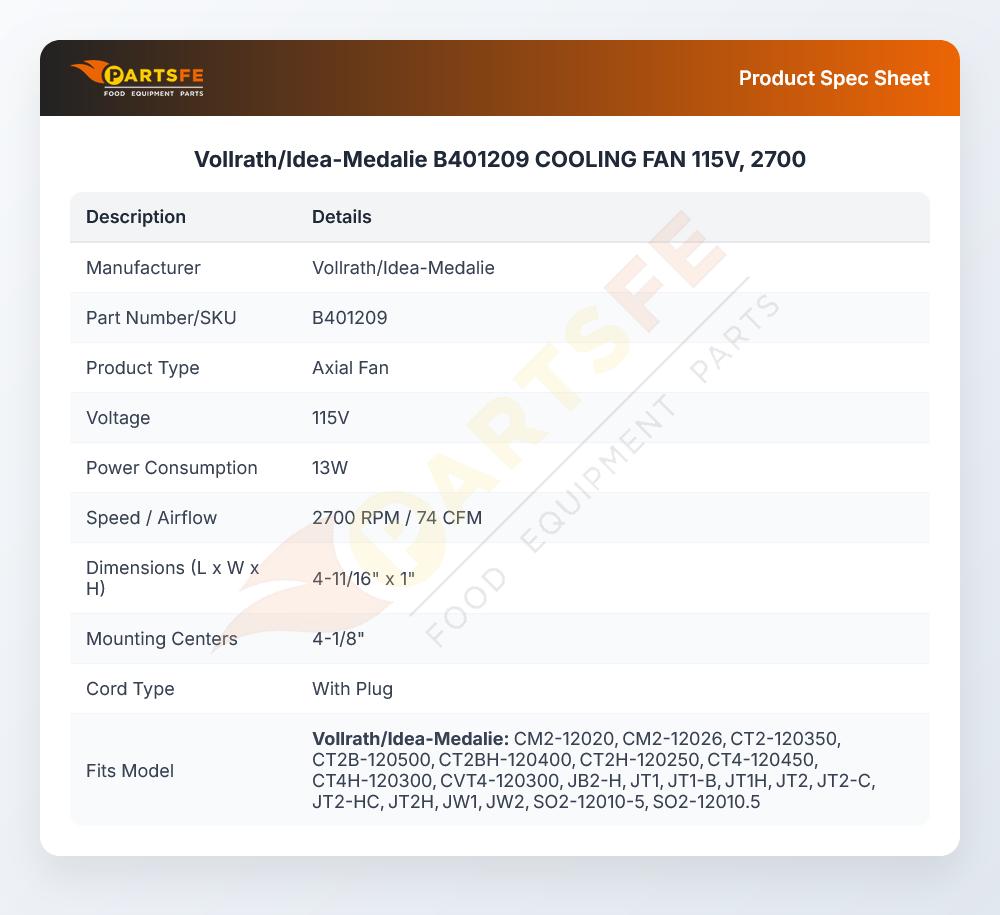 Vollrath/Idea-Medalie B401209 COOLING FAN 115V, 2700