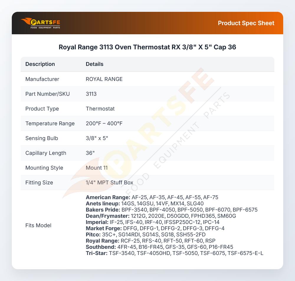 Royal Range 3113 Oven Thermostat RX 3/8" X 5" 36" CAP