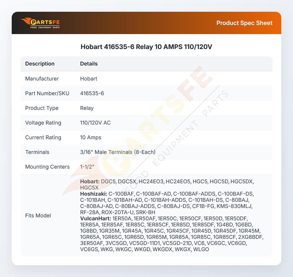 Hobart 416535-6 Relay 10 AMPS 110/120V