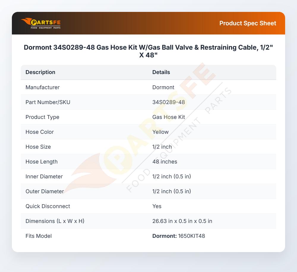 Dormont 34S0289-48 Gas Hose Kit W/Gas Ball Valve & Restraining Cable, 1/2" X 48"