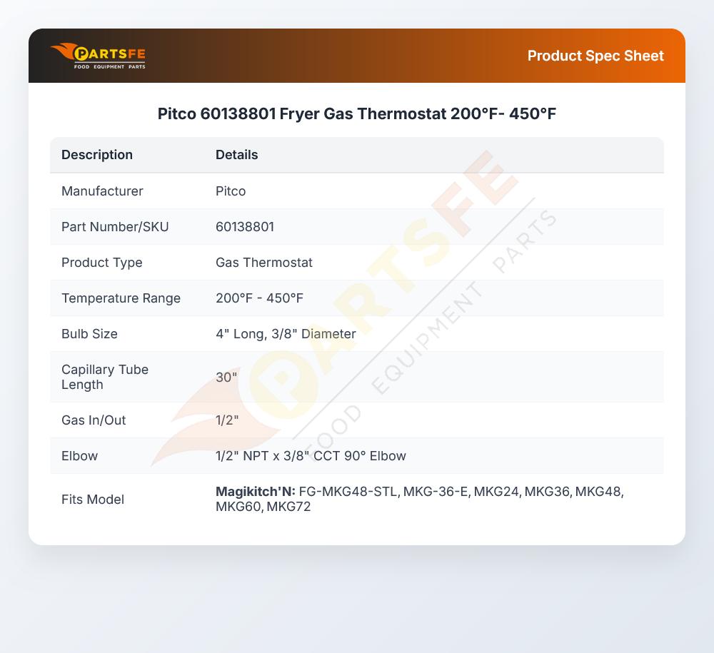 Pitco 60138801 Fryer Gas Thermostat 200&deg;F- 450&deg;F