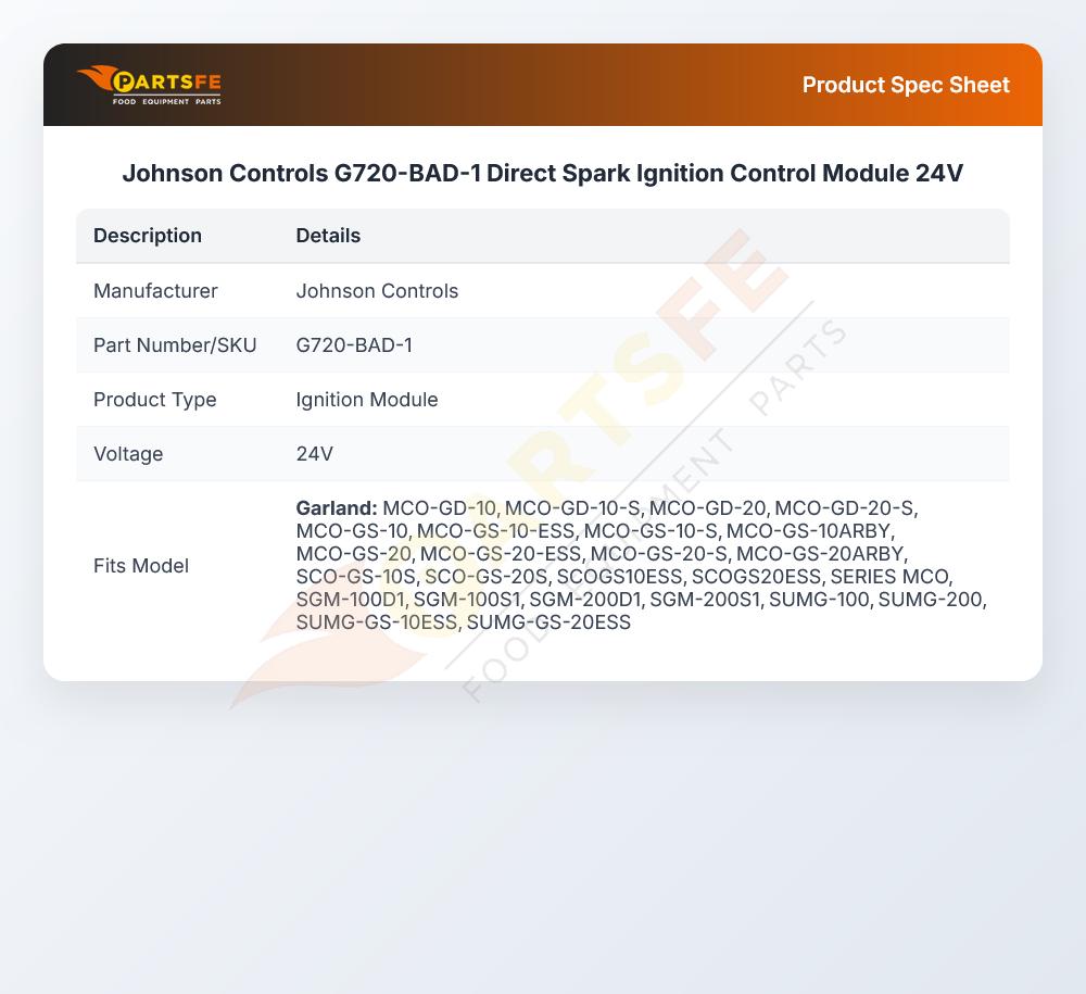Johnson Controls G720-BAD-1 Direct Spark Ignition Control Module 24V