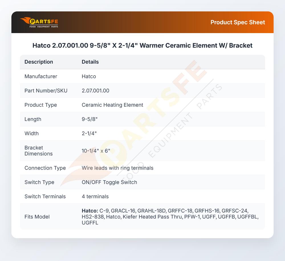 Hatco 2.07.001.00 9-5/8" X 2-1/4" Warmer Ceramic Element W/ Bracket
