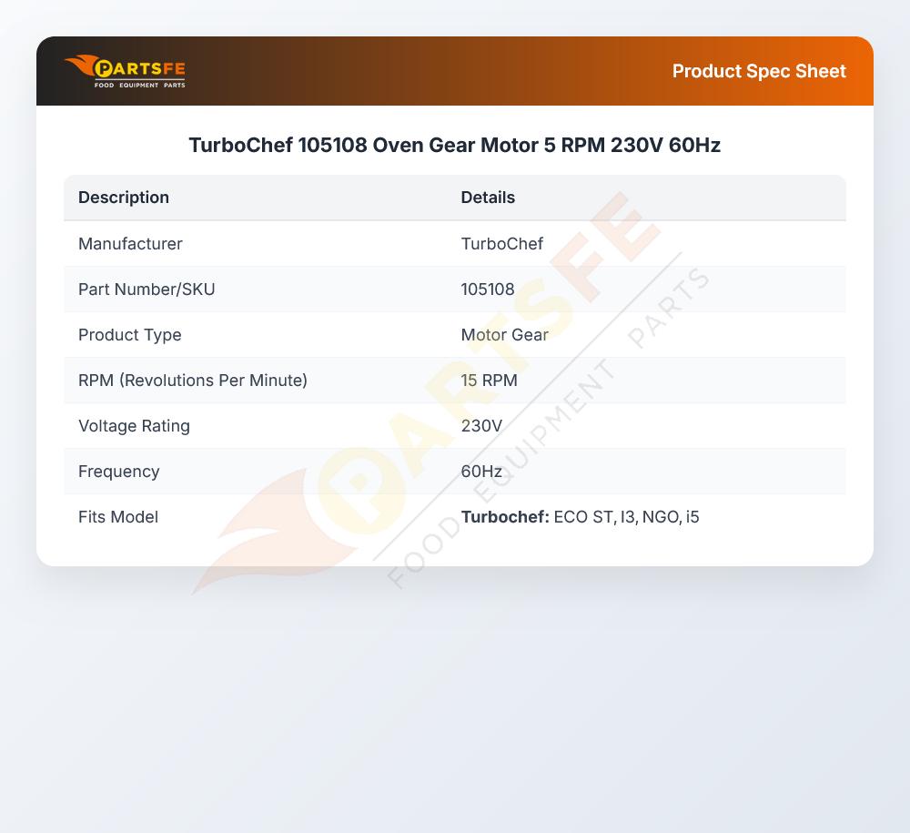 TurboChef 105108 Oven Gear Motor 5 RPM 230V 60Hz