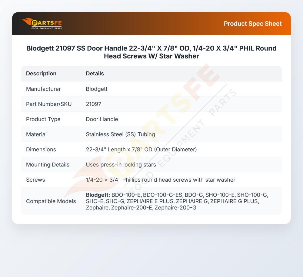 Blodgett 21097 SS Door Handle 22-3/4" X 7/8" OD, 1/4-20 X 3/4" PHIL Round Head Screws W/ Star Washer