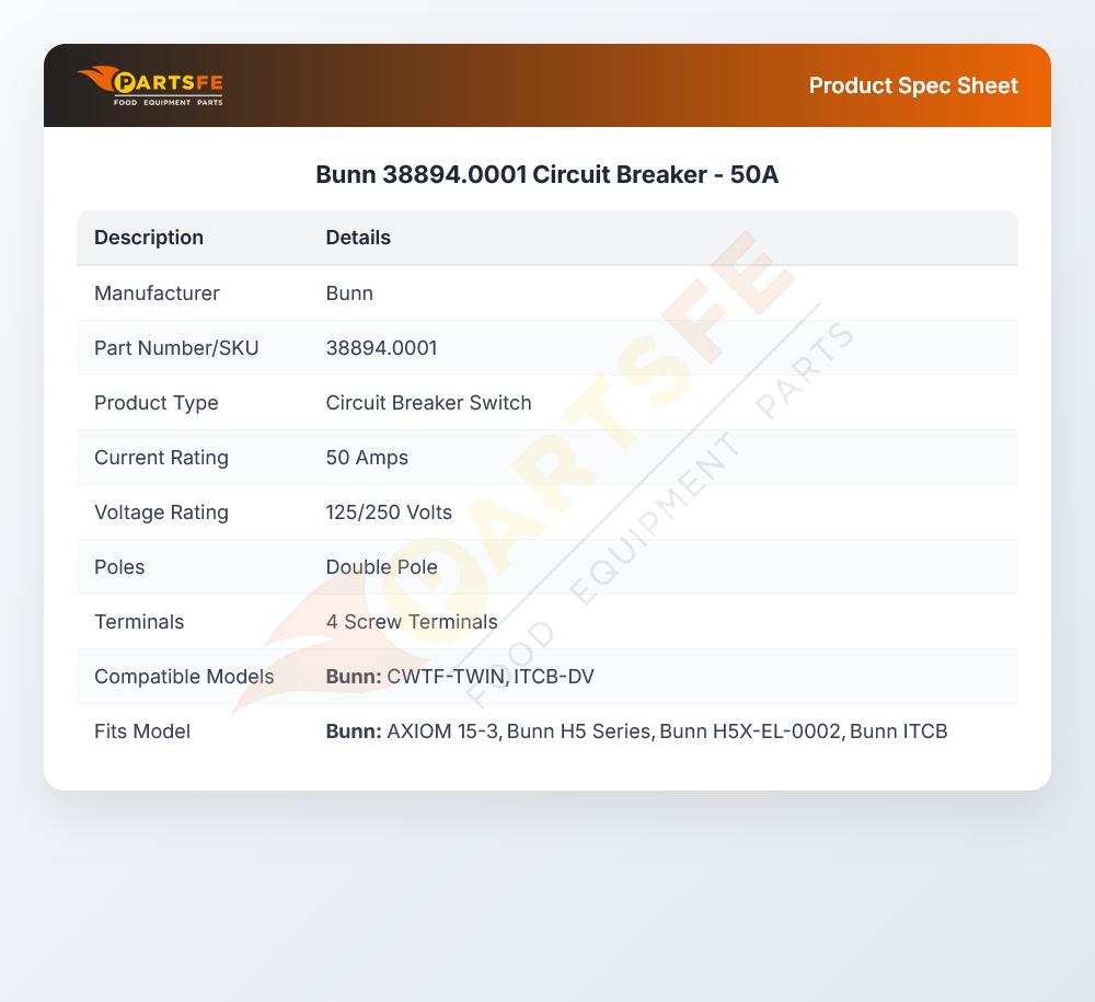 Bunn 38894.0001 Coffee Brewer Circuit Breaker 50A 125/250V Double Pole