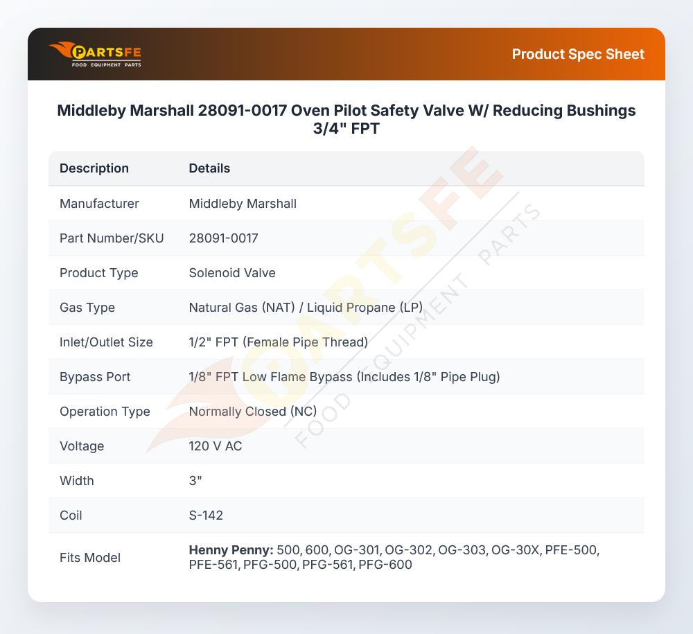 Middleby Marshall 28091-0017 Oven Pilot Safety Valve W/ Reducing Bushings 3/4" FPT