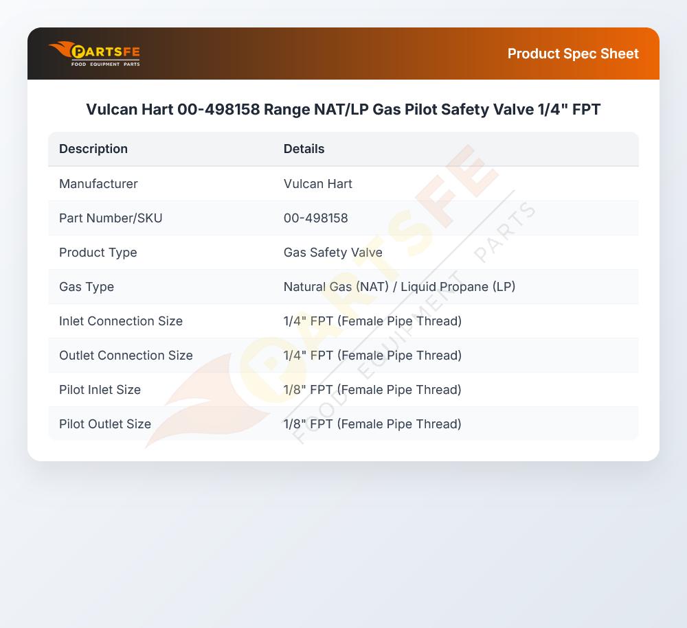 Vulcan Hart 00-498158 Range NAT/LP Gas Pilot Safety Valve 1/4" FPT