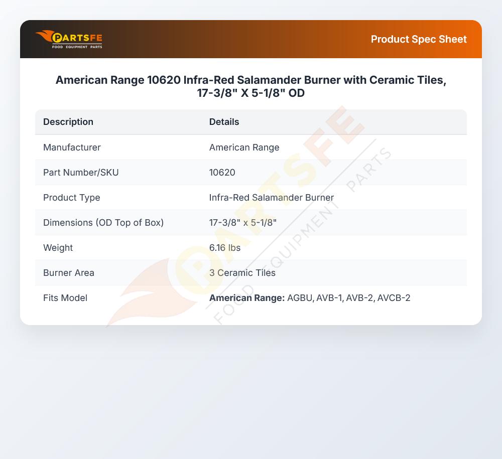 American Range 10620 Infra-Red Salamander Burner W/Ceramic Tiles 17-3/8" X 5-1/8"OD