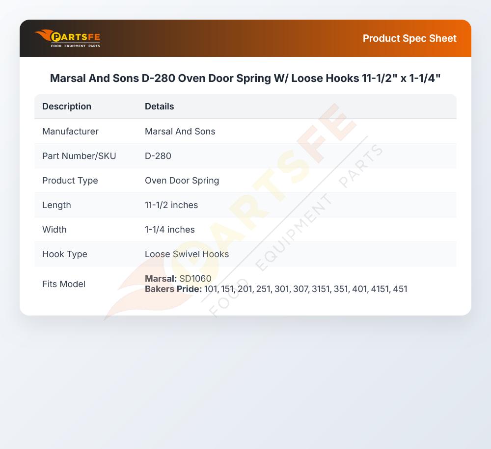 Marsal And Sons D-280 Oven Door Spring W/ Loose Hooks 11-1/2" x 1-1/4"
