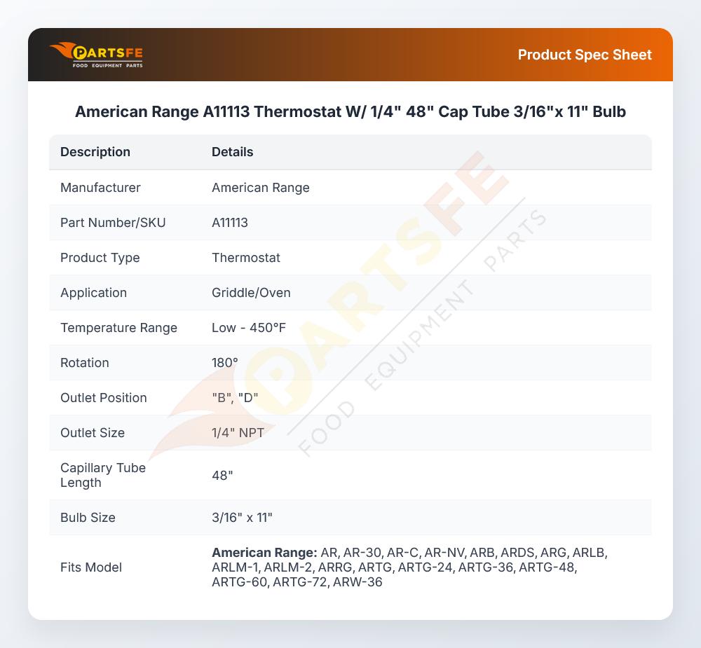 American Range A11113 Thermostat W/1/4" 48" CAP 3/16" X 11" Bulb 450&deg;F 180&deg;